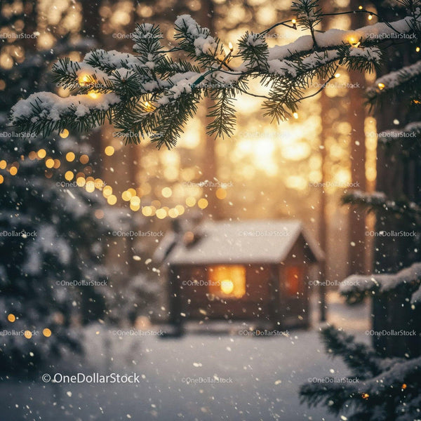 Snowy pine branch with warm winter cabin lights