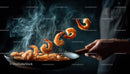 Freshly Fried Shrimp Flying into a Pan with Smoke and Sparks