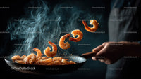 Freshly Fried Shrimp Flying into a Pan with Smoke and Sparks