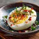 Close-up of Salted Egg with Herbs and Red Chili Flakes in Rustic Bowl