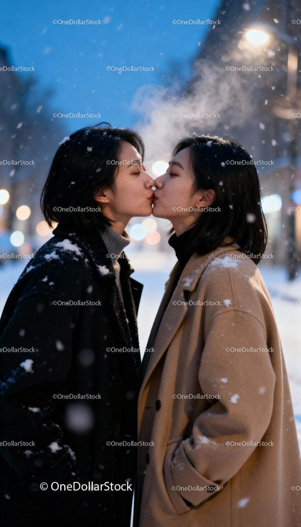 Couple sharing a tender kiss in snowy winter evening