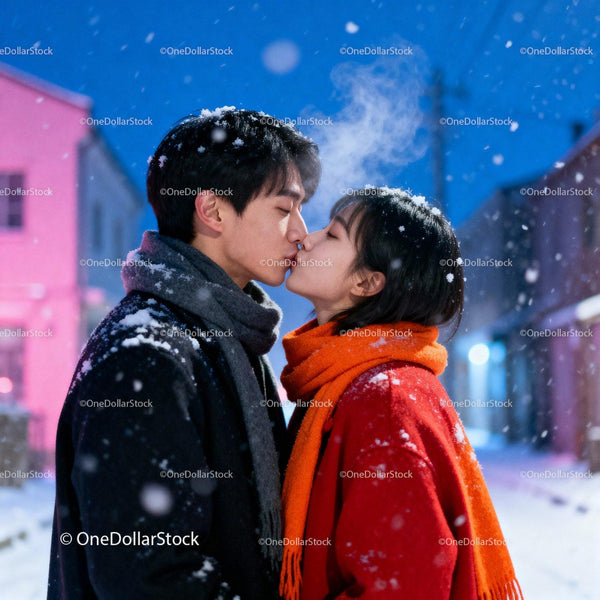 Couple sharing a tender kiss in snowy winter evening