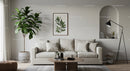 Modern cozy living room with neutral tones and greenery