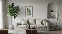 Modern cozy living room with neutral tones and greenery
