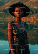 Elegant Portrait of a Woman with a Wide-Brim Hat by Lake During Sunset