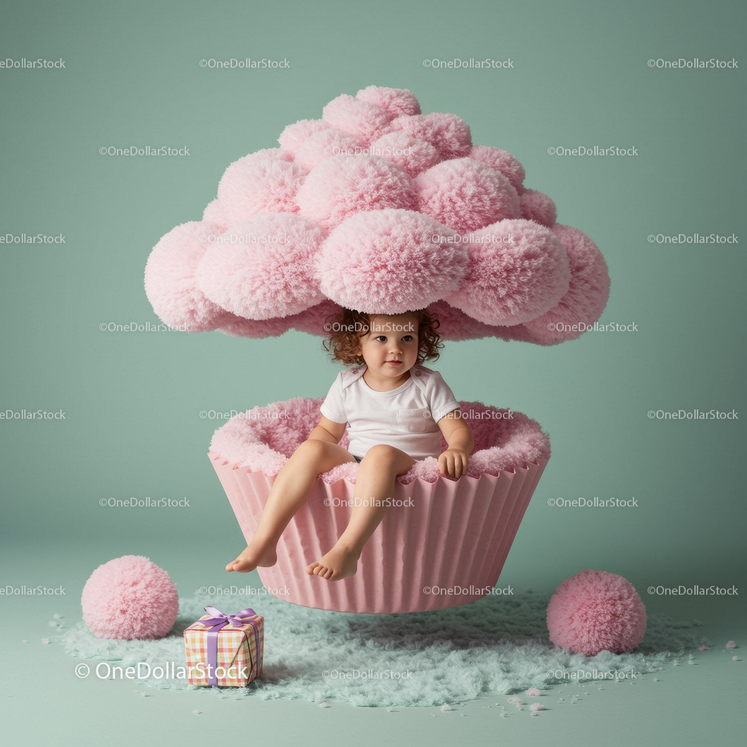 Toddler Sitting Inside a Giant Pink Cupcake Set