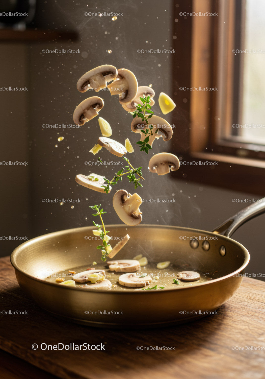 Sliced mushrooms and herbs tossed in frying pan