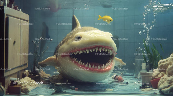 Large Shark Inside Underwater Room With Small Fish