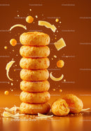 Stack of crispy cheese balls with flying cheese shreds