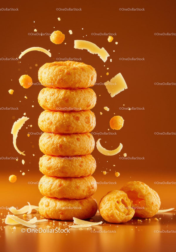 Stack of crispy cheese balls with flying cheese shreds