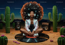 Young woman enjoying music in desert with headphones