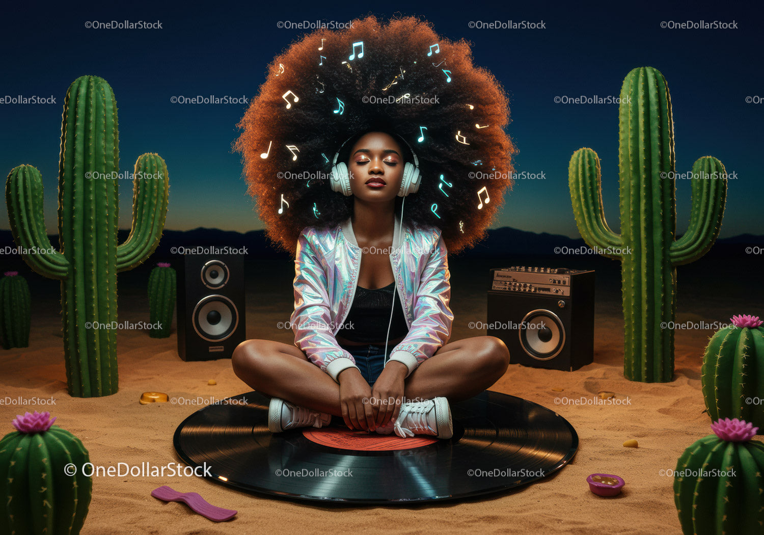 Young woman enjoying music in desert with headphones