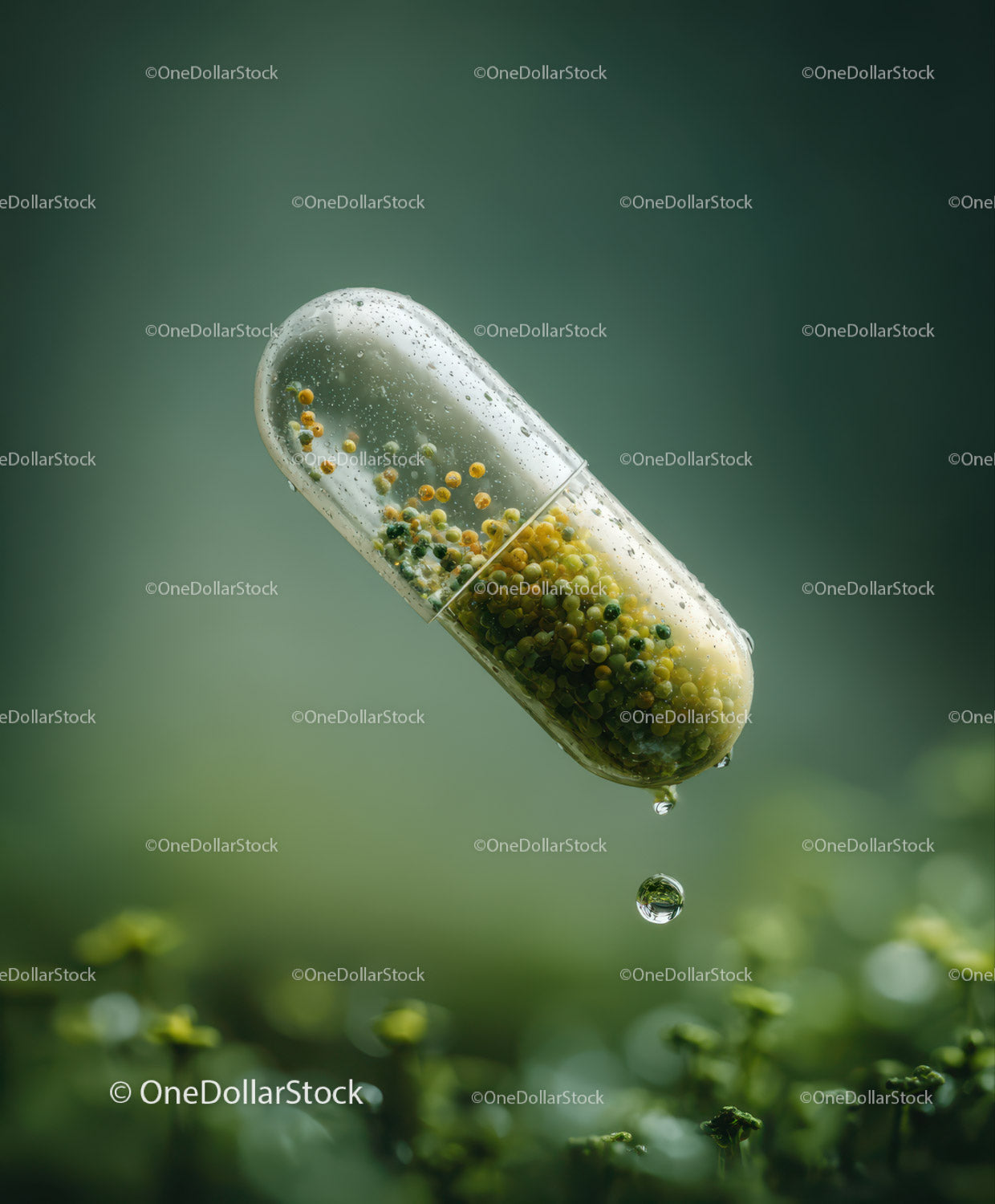 Capsule with Multicolored Granules Floating in Air Over Green Background