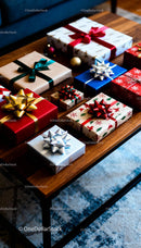 Selection of Colorful Wrapped Christmas Presents on Table