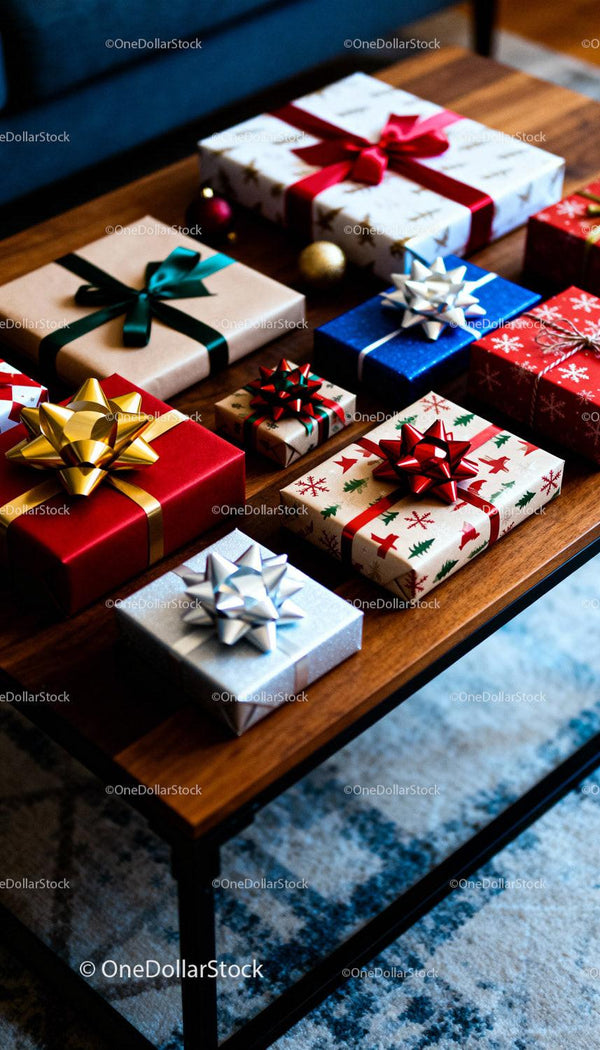 Selection of Colorful Wrapped Christmas Presents on Table