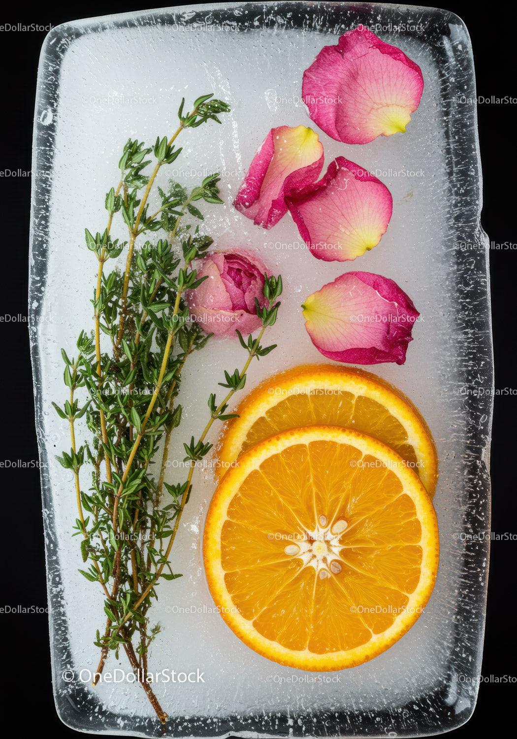 Fresh Orange Slices and Roses Frozen in Ice Block