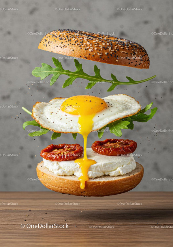 Deconstructed bagel sandwich with egg and arugula