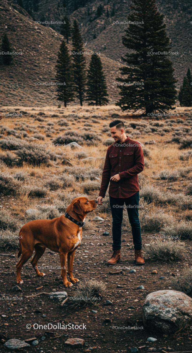Man interacting with brown dog in autumn mountain landscape
