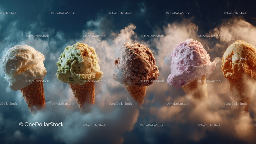 Colorful Ice Cream Scoops in Waffle Cones Splashing Water