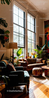 Sunlit cozy living space with vibrant decor and plants