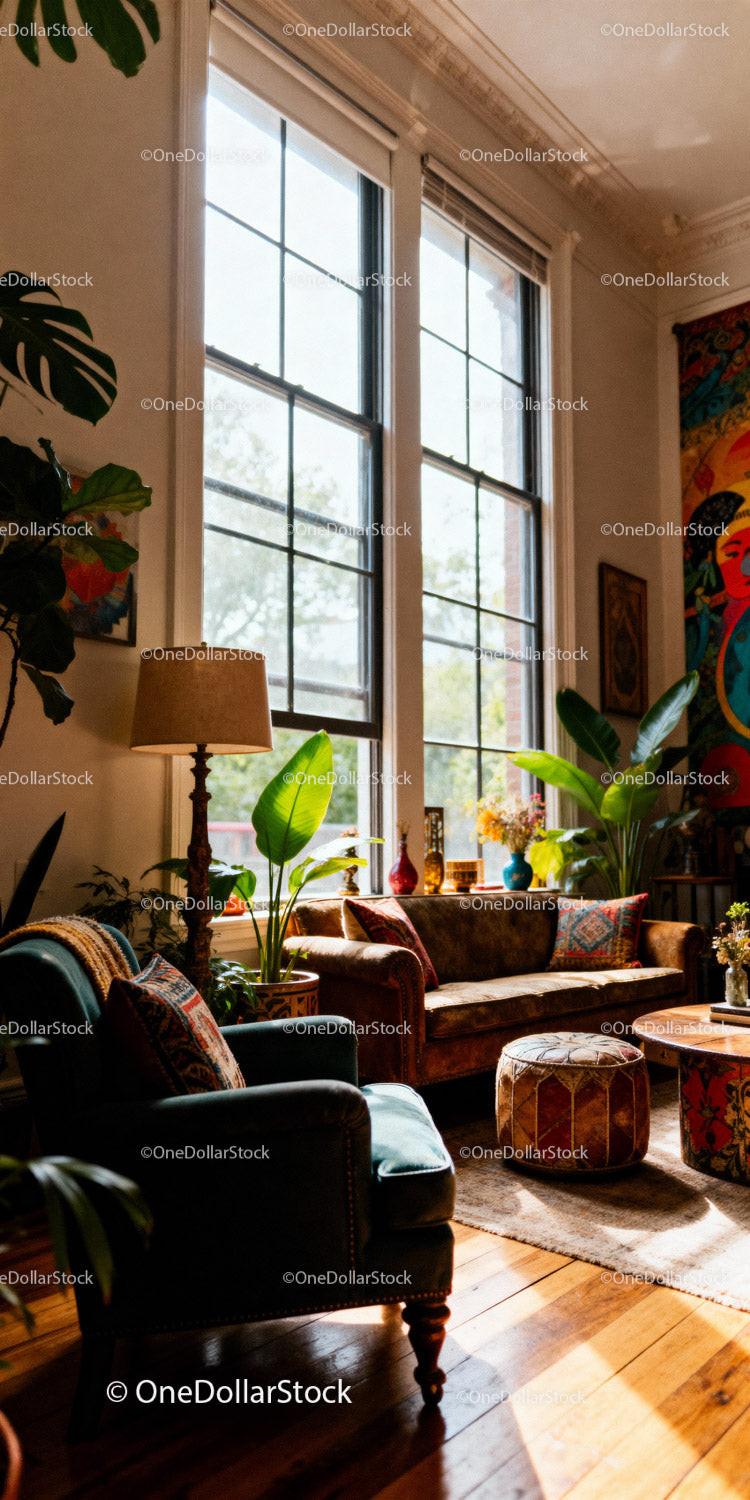 Sunlit cozy living space with vibrant decor and plants