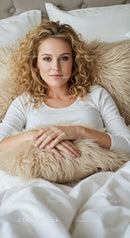 Relaxed young woman lying in bed with cozy pillow