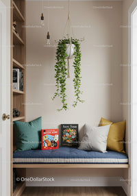 Hanging Green Plant with Cushioned Window Nook in Cozy Modern Home