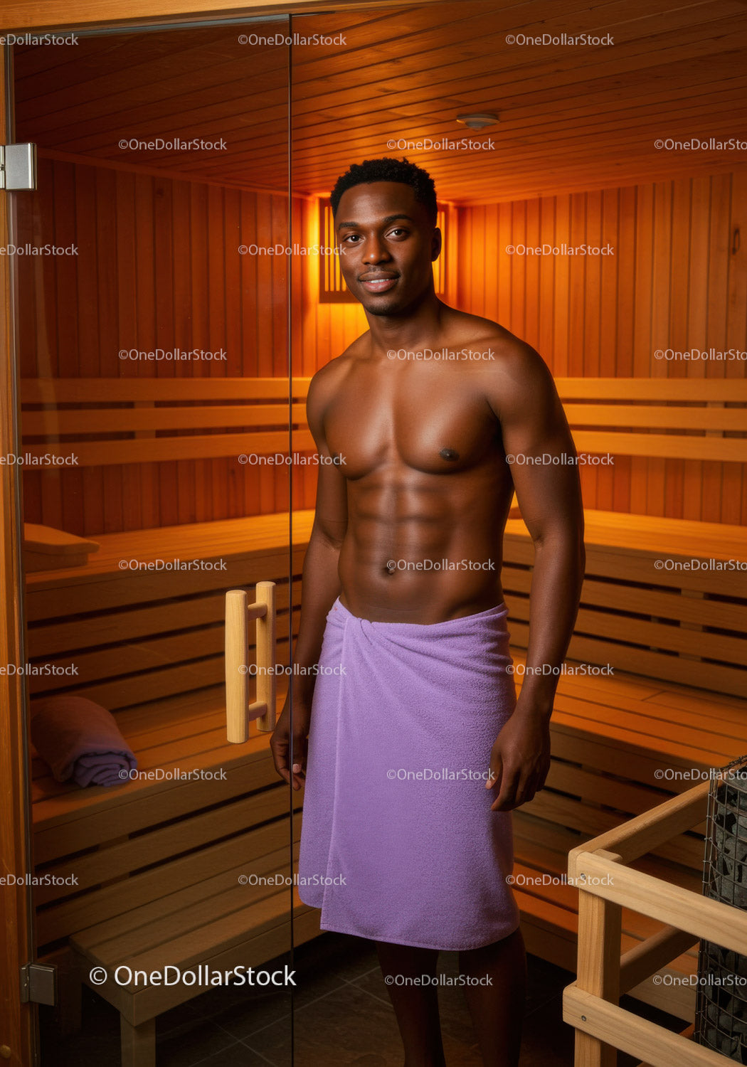 Young Man Relaxing in Sauna with Wooden Interior and Towel