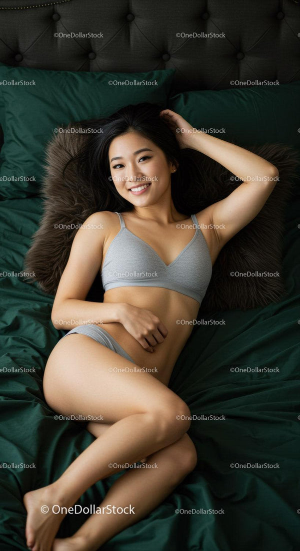 Relaxed young woman lying on dark green bedding