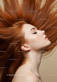 Serene young woman with flowing red hair profile