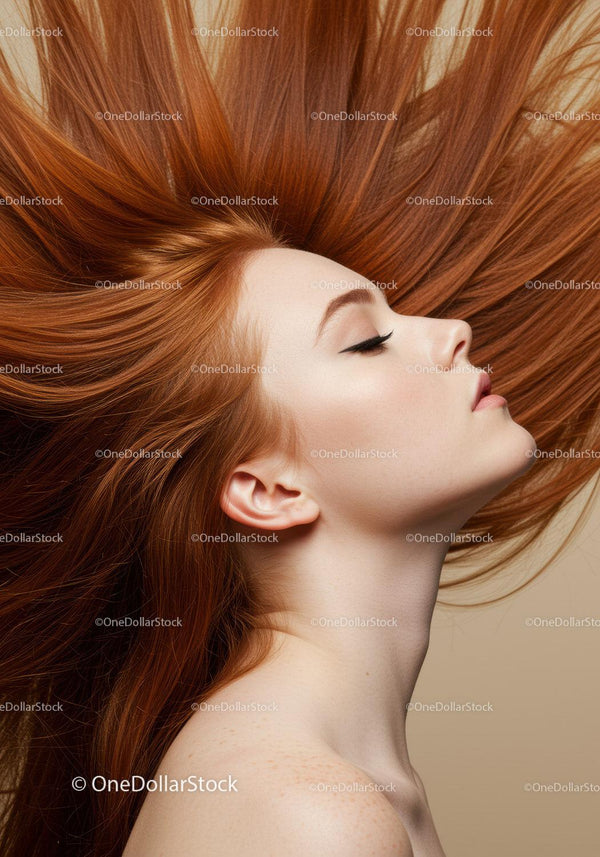 Serene young woman with flowing red hair profile