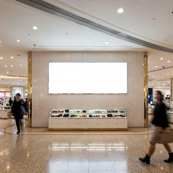Luxury store display inside bright modern shopping mall JPG Mockup Image