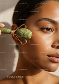 Woman Using Jade Roller for Facial Massage with Smooth Skin