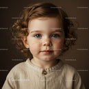 Curly toddler with freckles and gentle expression