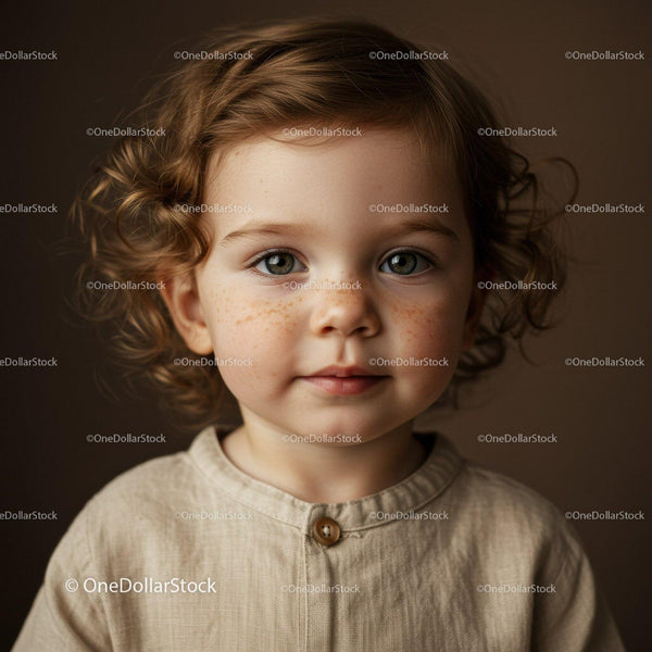 Curly toddler with freckles and gentle expression