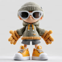 Cute Doll with Sunglasses in Casual Streetwear and Yellow Sneakers