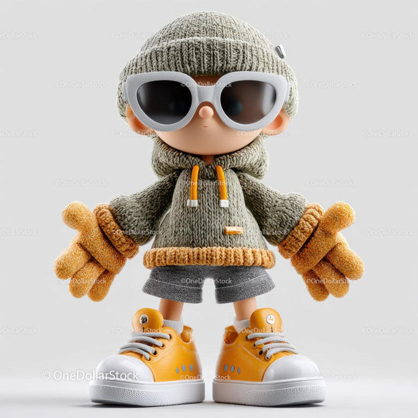 Urocza lalka w okularach przeciwsłonecznych w casualowym streetwearze i żółtych sneakersach