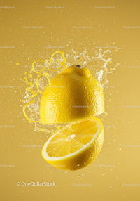 Fresh lemon halves splashing vibrant juice