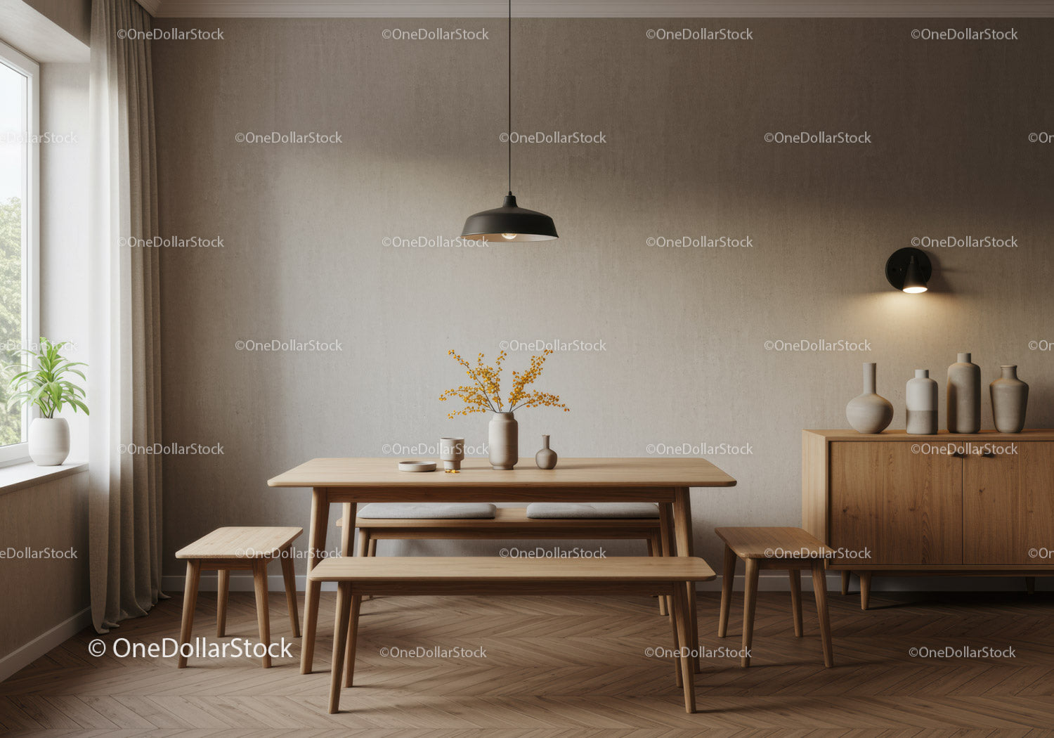 Minimalist Dining Room with Natural Wood and Soft Lighting
