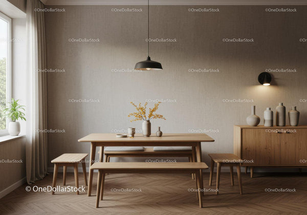 Minimalist Dining Room with Natural Wood and Soft Lighting