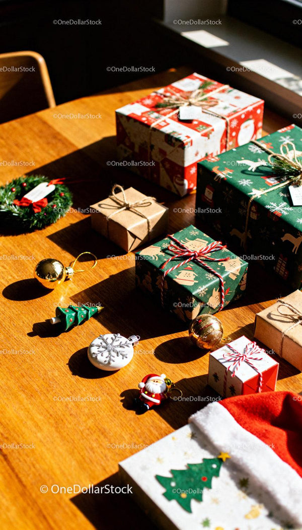 Christmas gifts and festive decorations on wooden table