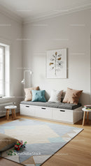Bright and Cozy Minimalist Living Room with Colorful Cushions and Art