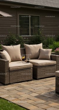 Cozy Backyard Wicker Sofa with Cushions and Glass of Soda
