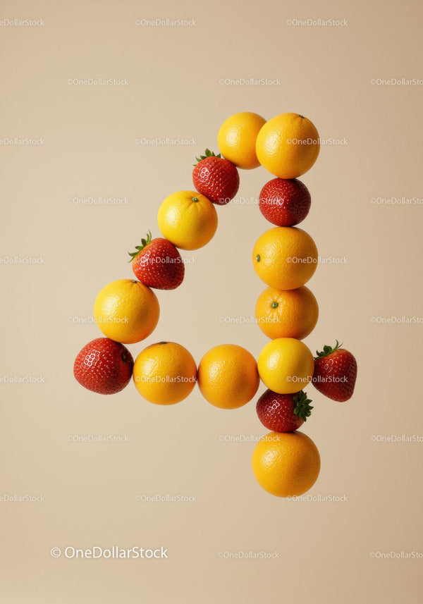 Number four shaped with fresh strawberries and oranges
