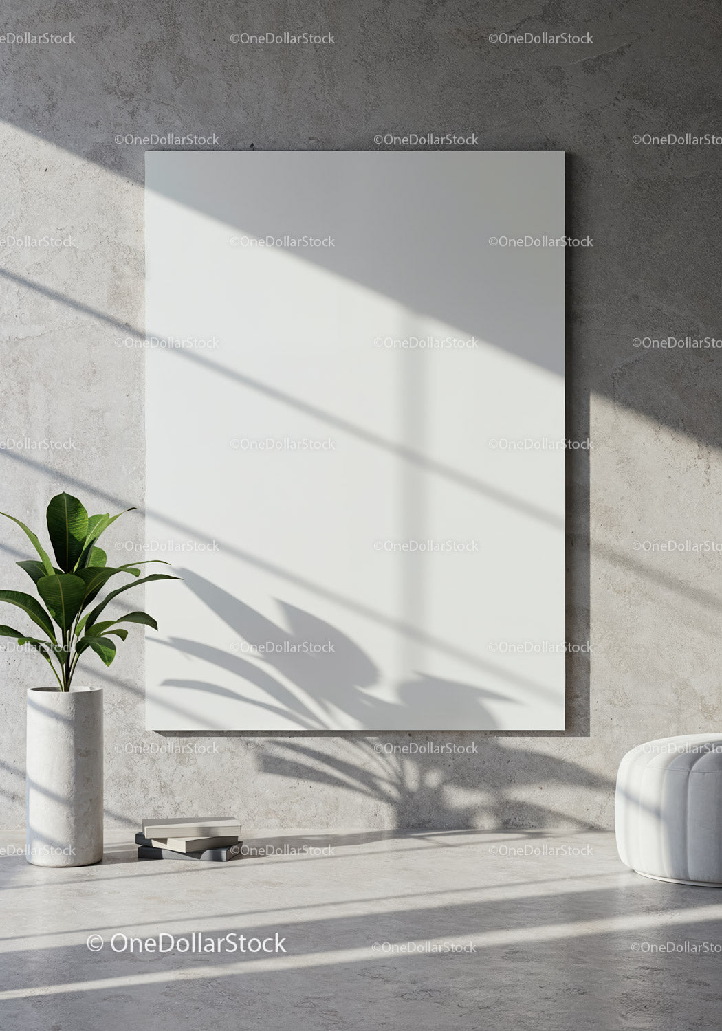 Minimalistyczny salon z pustym, białym płótnem i rośliną