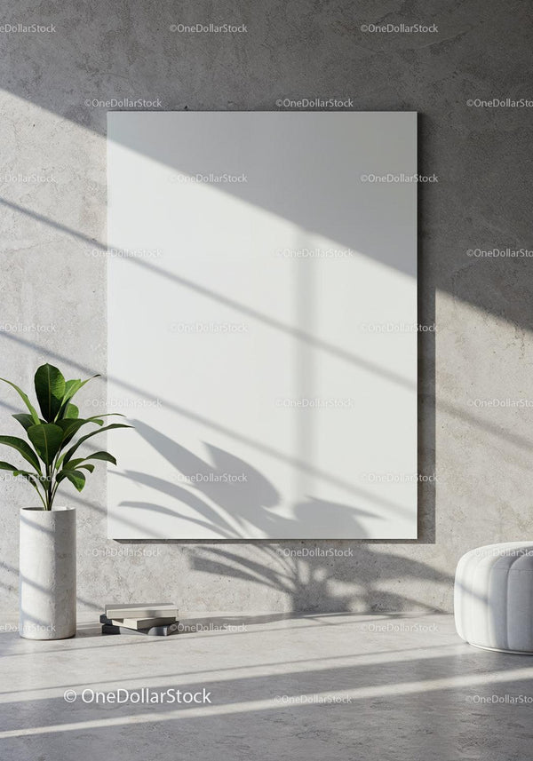 Minimalist living room with blank white canvas and plant JPG Mockup Image