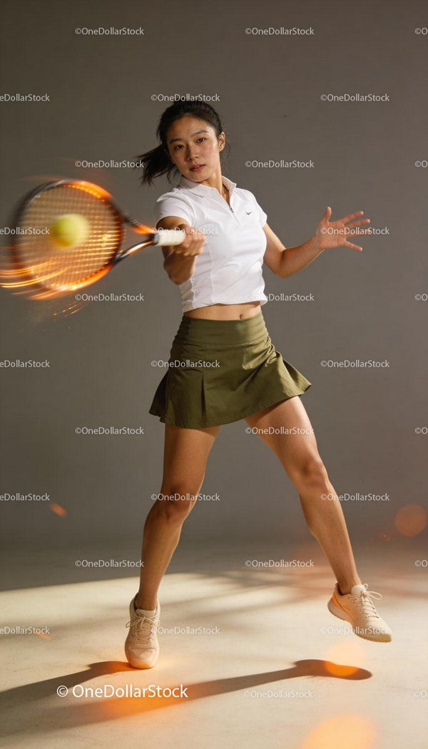 Focused Female Tennis Player Mid-Swing with Dynamic Motion