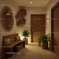 Cozy hallway with natural wood and green plants