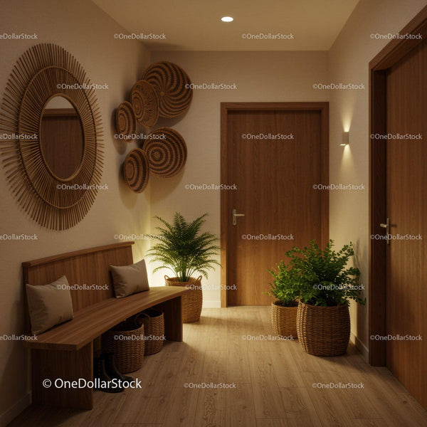 Cozy hallway with natural wood and green plants