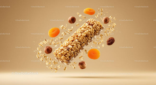 Crunchy granola bar with nuts and dried apricots floating